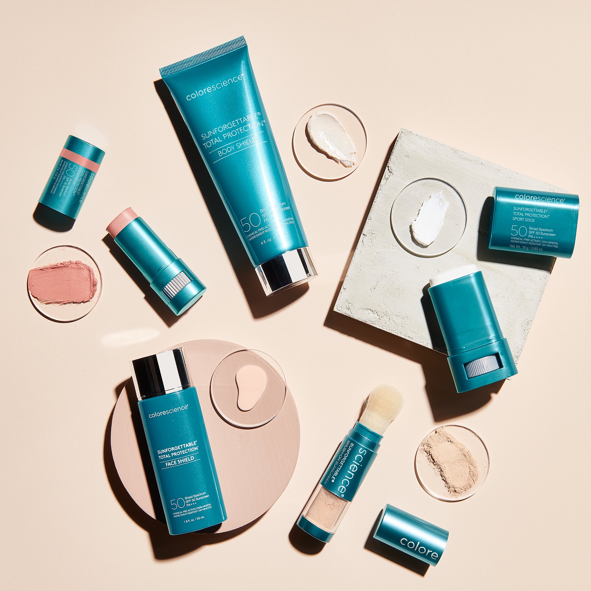 flat lay of colorscience sunscreen spf products